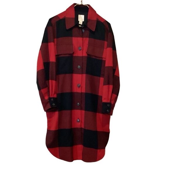 H&M Plaid Oversized Shirt Jacket Shacket Red Black Small Blogger Favorite - Picture 12 of 15